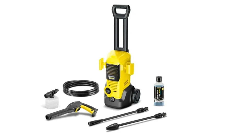 Kärcher K 2 Premium Hochdruckreiniger mit kompakter Bauform und integriertem Fahrgestell und Zubehör