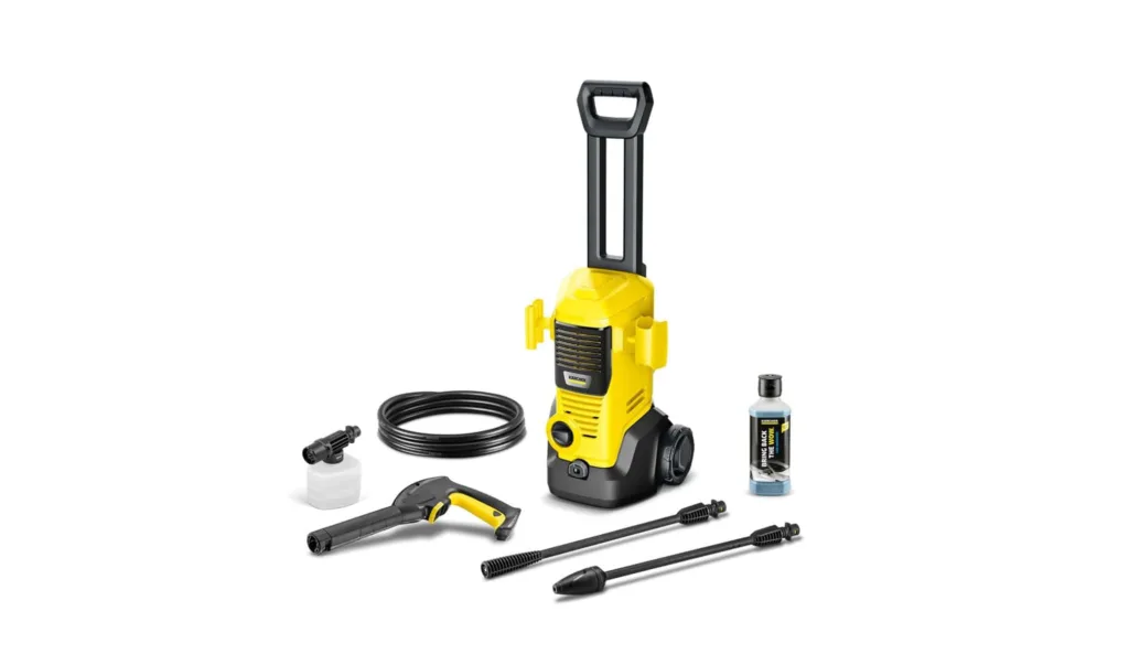 Kärcher K 2 Premium Hochdruckreiniger mit kompakter Bauform und integriertem Fahrgestell und Zubehör