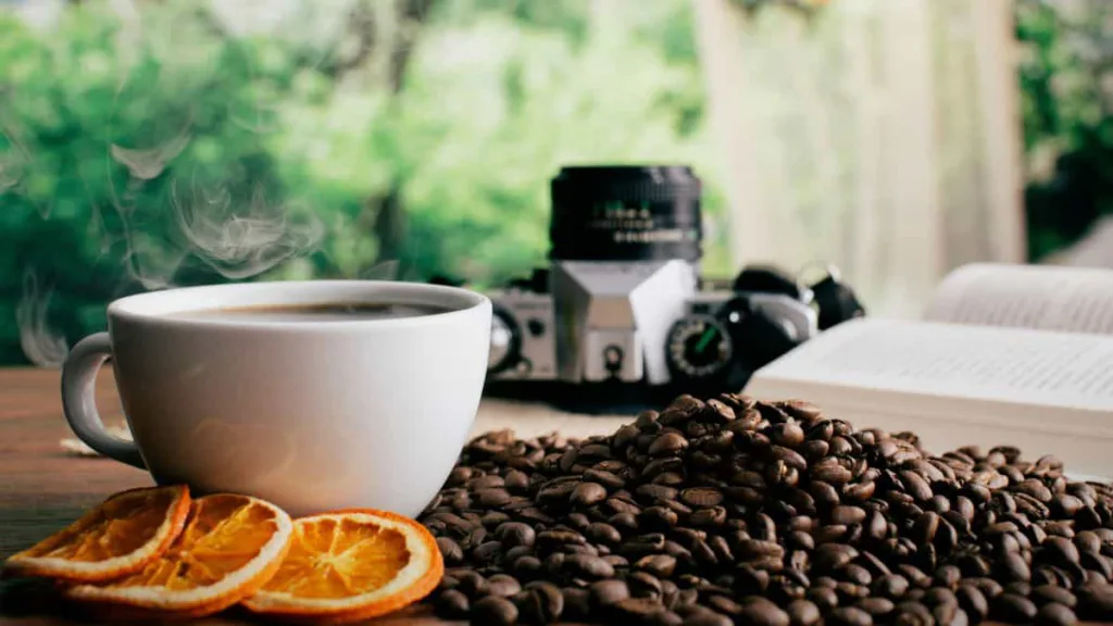 Weiße Kaffeetasse neben gerösteten Kaffeebohnen, Orangenscheiben und Kaffeekanne steht auf einem Tisch am Fenster