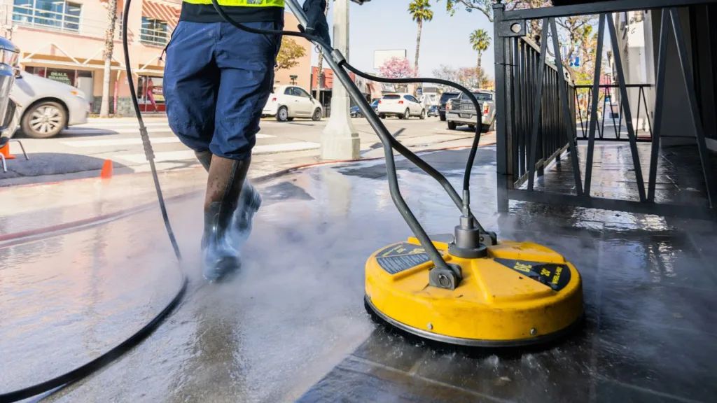 ein Flächenaufsatz eines Hochdruckreinigers im Außenbereich im Einsatz