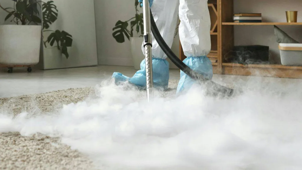 Person steht in Schutzkleidung auf einem Teppich, während dichter Dampf aus einem Bissell Reinigungsgerät aufsteigt