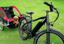ein Fahrrad mit einem Fahrradanhänger, wo ein Hund drin sitzt