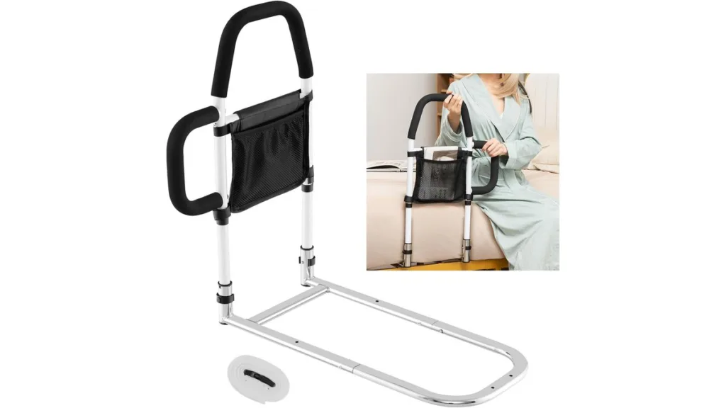 Aufstehhilfe mit zwei gepolsterten Griffen und flacher Metallbasis unter der Matratze