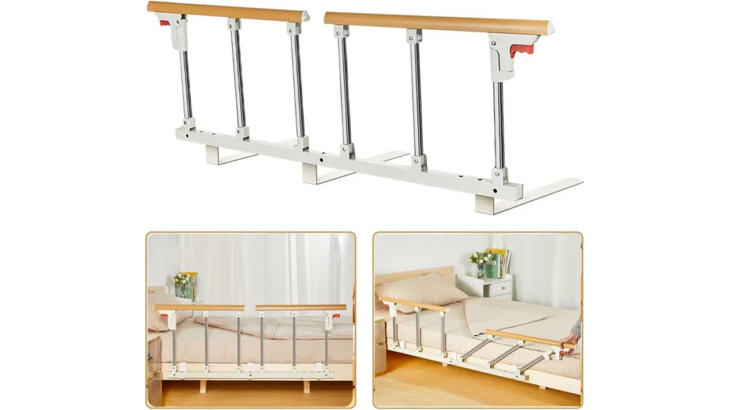 Langes faltbares Bettgitter mit mehreren senkrechten Streben und Holzgriffleiste