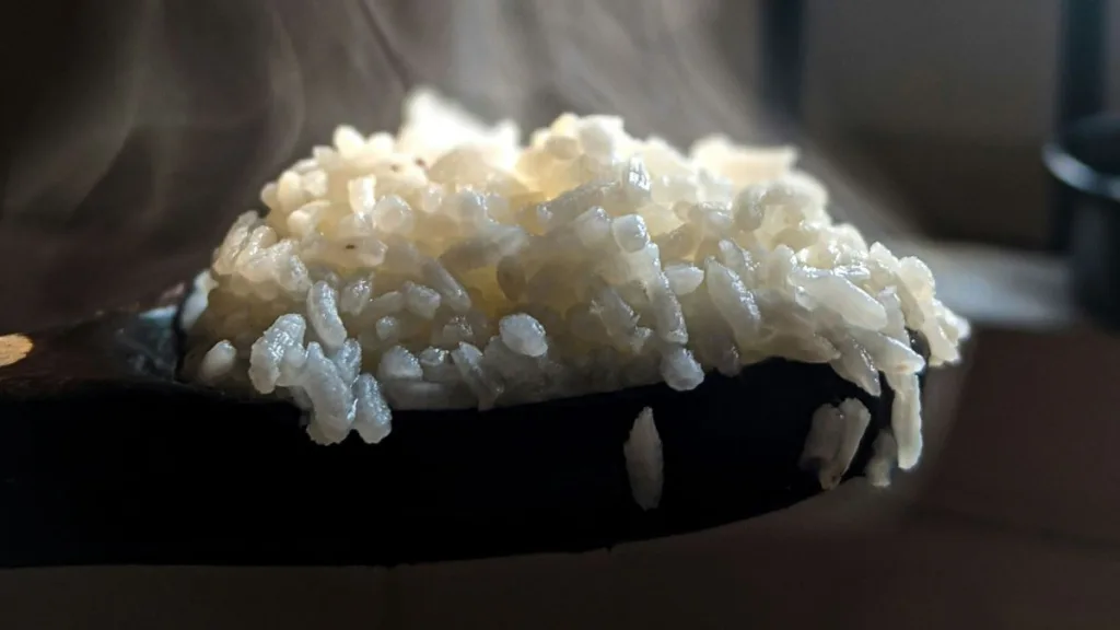 dampfender Reis auf einem Kochlöffel