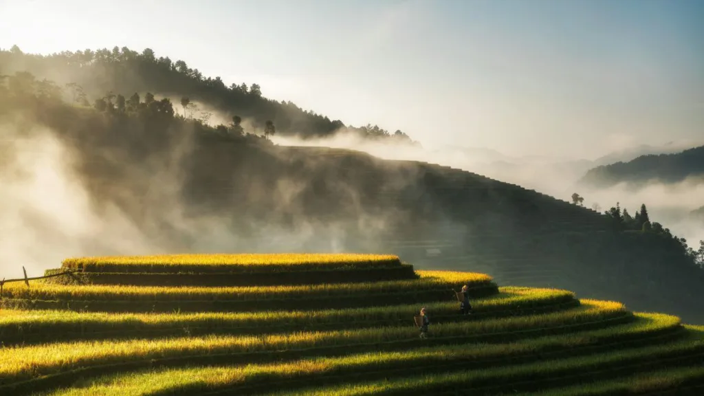 Bergansicht mit Terrassenfeldern und zwei Bauern