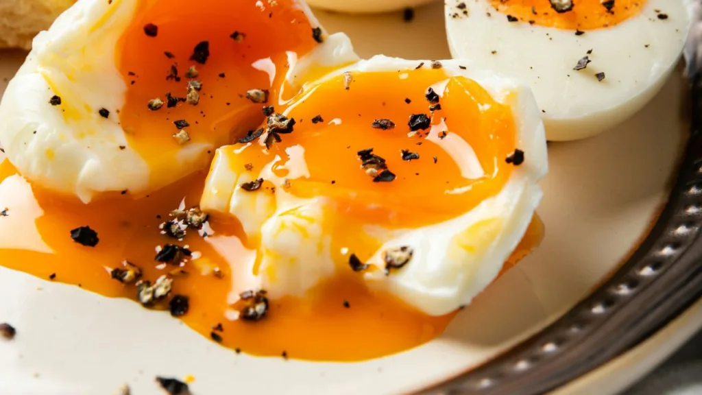zerlaufendes Eigelb mit Pfeffer auf einem Teller