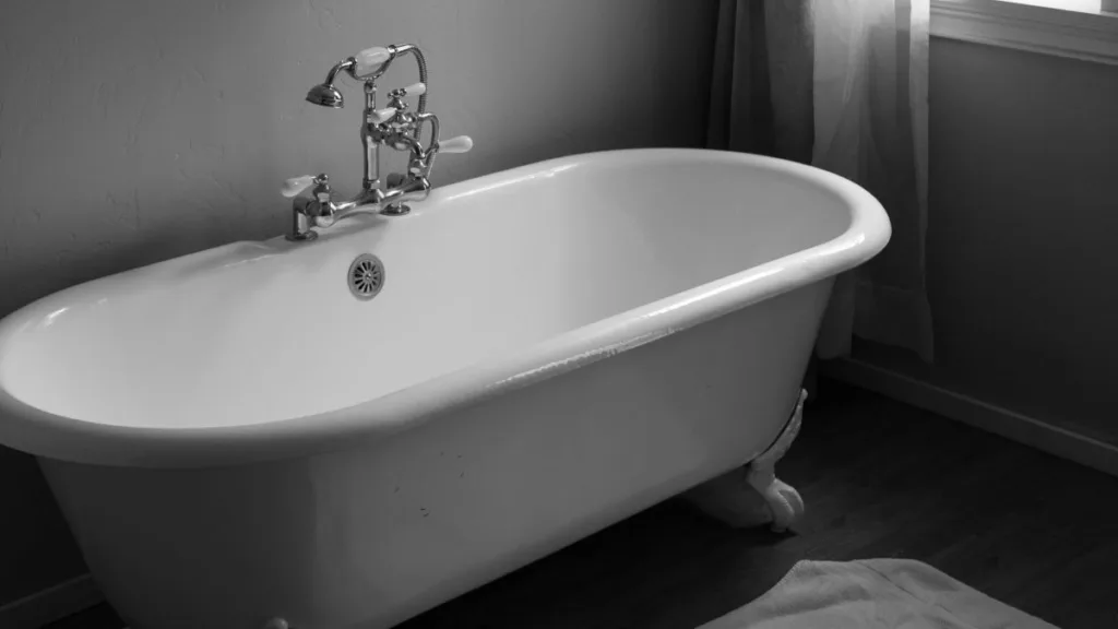 weiße Keramikbadewanne freihstehend in einem Schwarz/Weiß-Foto