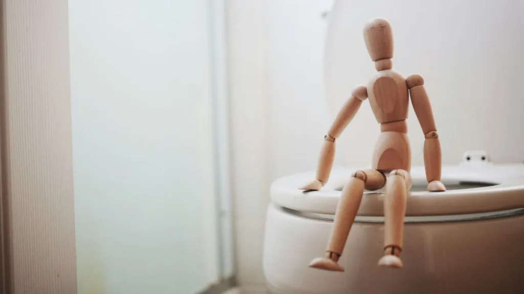 Ein kleines Holzmännchen sitzt auf einer Kloschüssel