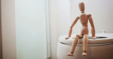 Ein kleines Holzmännchen sitzt auf einer Kloschüssel