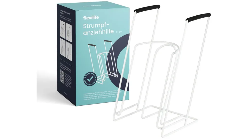 ein Modellbeispiel einer Anziehhilfe für Kompressionsstrümpfe ebenfalls mit einem Metallgestell