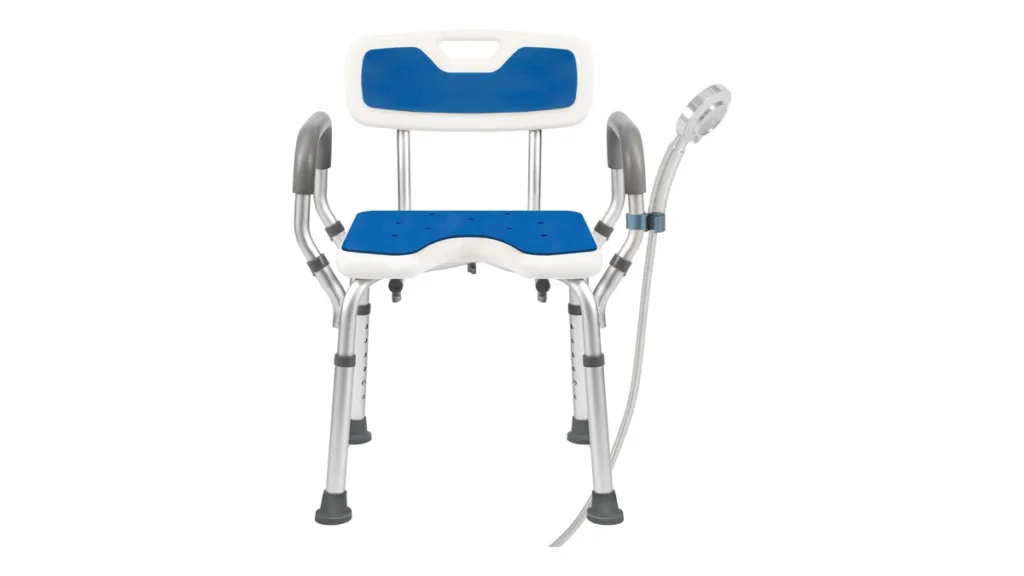 Duschstuhl mit Armlehnen, Rückenlehne und Hygieneaussparung für das Bad