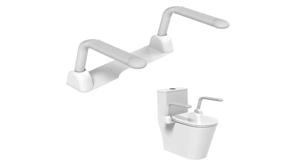 WC-montierte, klappbare Aufstehhilfe mit seitlichen Stützgriffen neben der Toilette von Heuffe