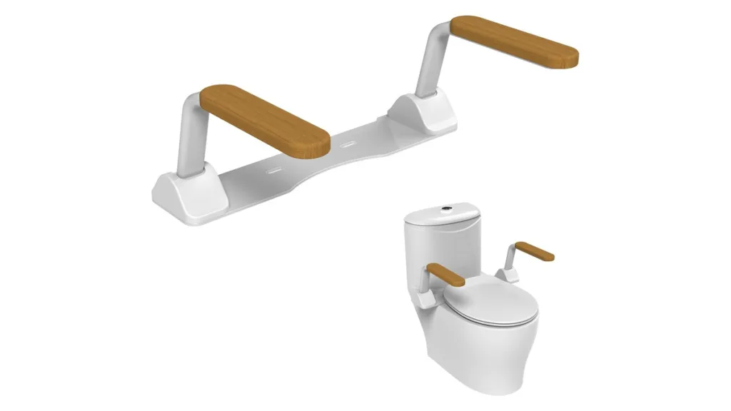 WC-montierte Aufstehhilfe mit klappbaren Armlehnen zur platzsparenden Unterstützung beim Aufstehen von Heuffe