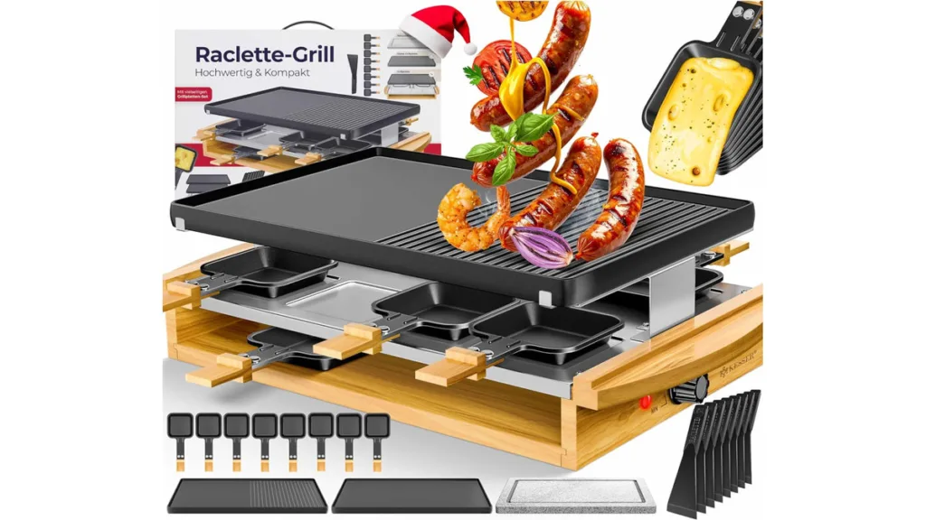 der Kesser Raclette-Grill mit Naturgrillstein und verschiedenes Grillgut