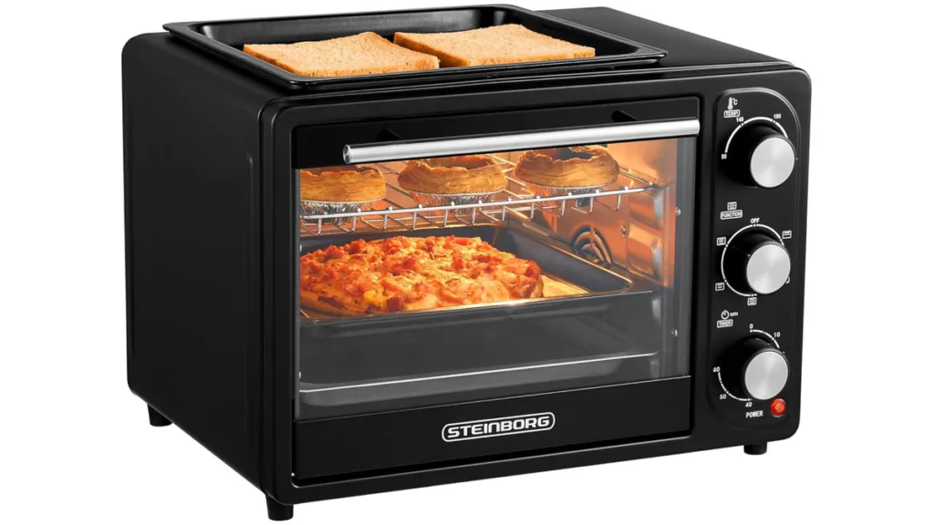 der Steinborg Mini-Backofen mit 20l Garraum und zusätzlicher Heizplatte im oberen Bereich