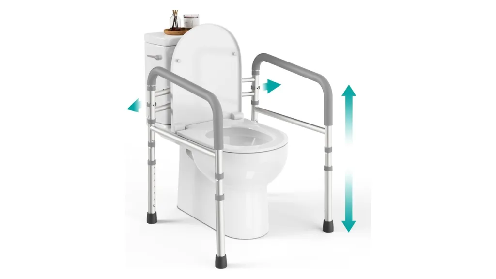 Die WC-Aufstehhilfe Pelegon als freistehender WC-Sicherheitsrahmen mit seitlichen Armlehnen zur Unterstützung beim Aufstehen von der Toilette