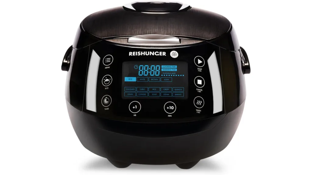 REISHUNGER digitaler Reiskocher klein mit Display und Bedienfeld, 0,6 Liter Kochbehälter, schwarzes Gehäuse