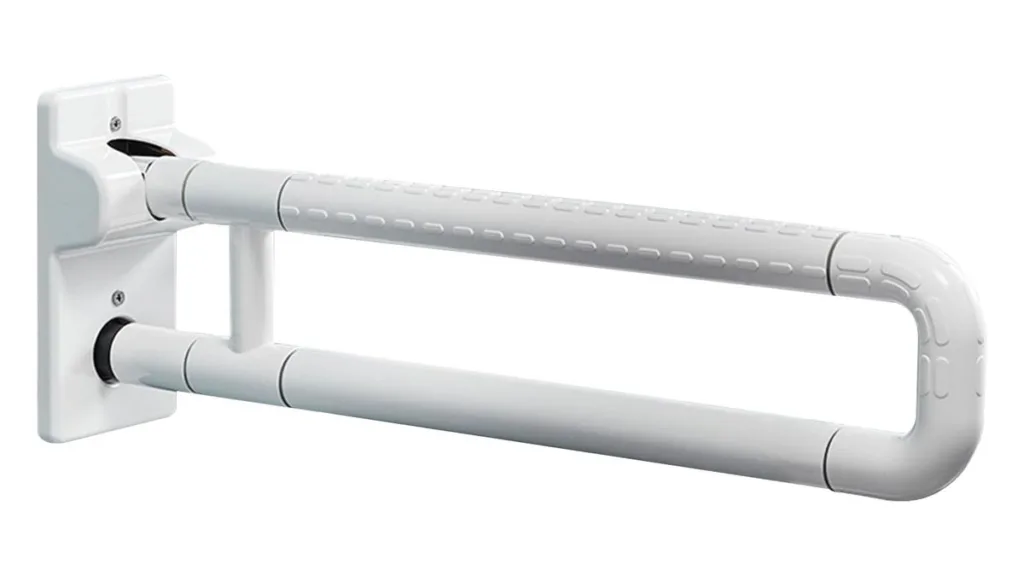Klappbarer Wandstützgriff neben dem WC zur seitlichen Abstützung beim Aufrichten in weiß
