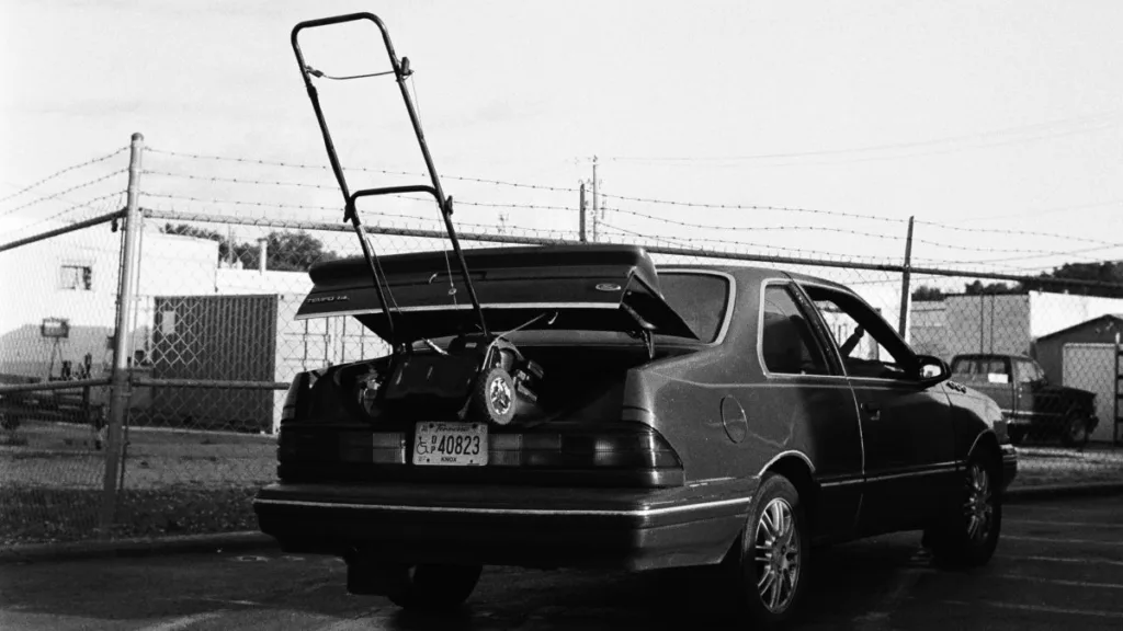 ein Akku-Rasenmäher ragt aus einem Autokofferraum heraus