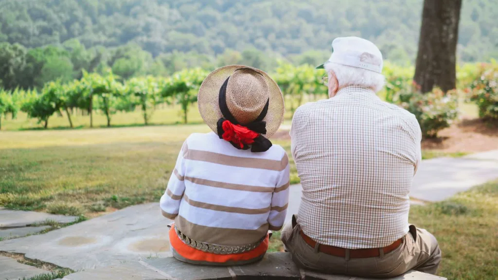 ein älteres Pärchen sitzt und schaut in richtung eines Weinberges
