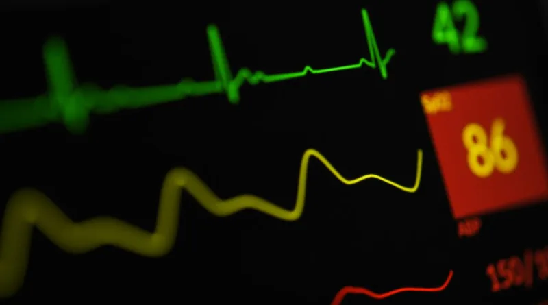 Herzschlag- und Blutdruckmeßgerät in der Nahaufnahme mit der Anzeige des Blutdrucks und des Herzschlags