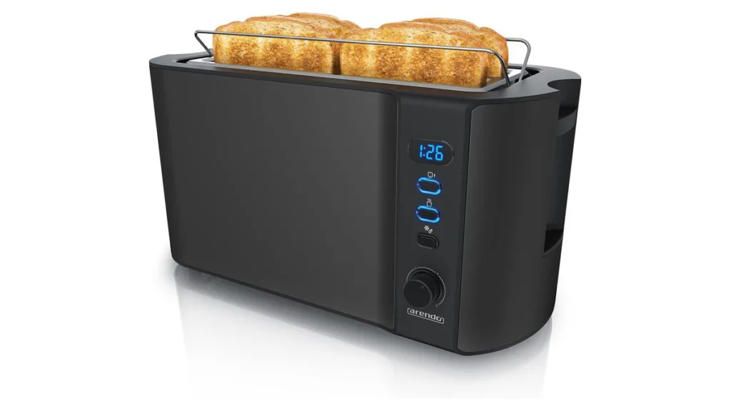 der schwarze Arendo Edelstahl Langschlitz-Toaster für 4 Scheiben Toast