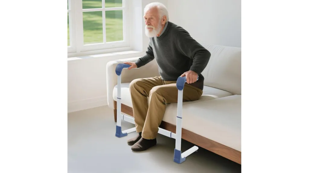 die GIDRLL aufstehhilfe fürs Sofa in Weiß mit blauen Griffen