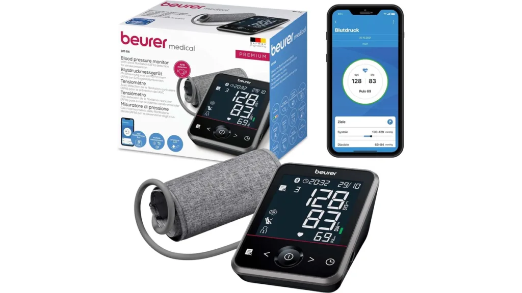 eins der Blutdruckmessgeräte von Beurer, das BM 64, ein Bluetooth Oberarmgerät mit strukturierter App Anbindung in Schwarz