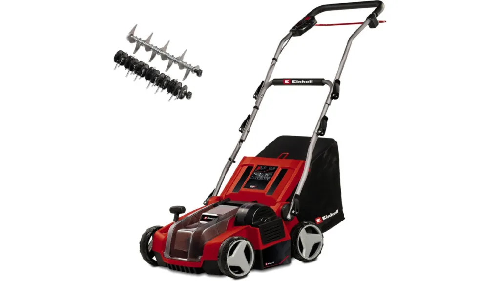 der rote Einhell GE-SA 36/35 Li-Solo Vertikutierer mit seinen Power-X-Change-System