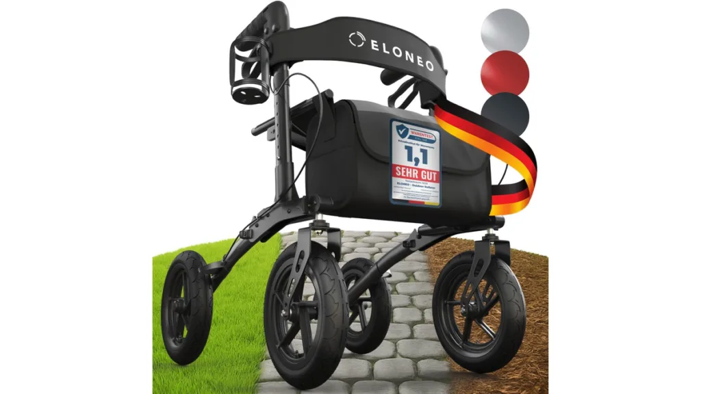 der ELONEO Rollator mit Luftbereifung mit Fokus für längere Außenwege