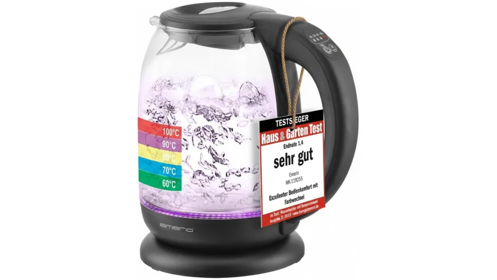 der EMERIO Wasserkocher aus Glas mit Temperaturwahl in Schwarz