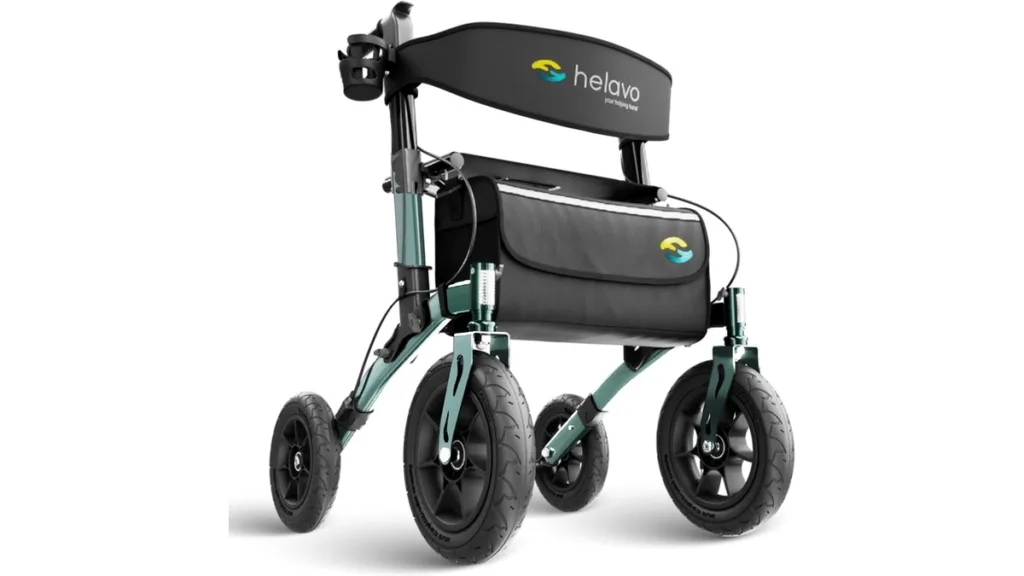 der Helavo Outdoor Rollator mit 12"/10" Rädern und damit ausgeprägter Geländetauglichkeit