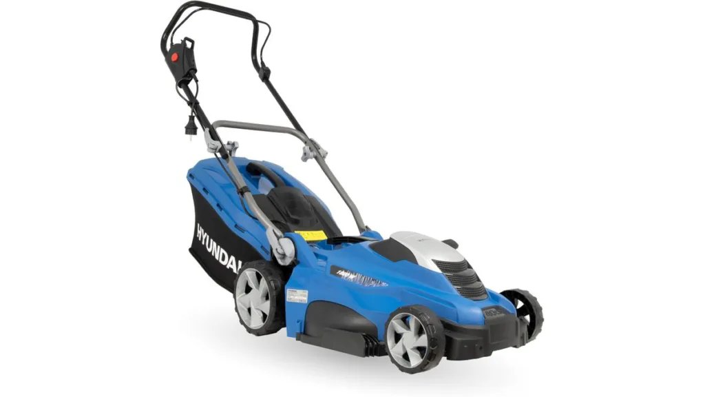 der blaue HYUNDAI LM4001E Elektro-Rasenmäher– mit 40 cm Schnittbreite und 1800 Watt