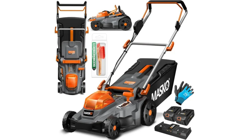 der MASKO Akku-Rasenmäher mit Doppelakku-System in Schwarz/Orange