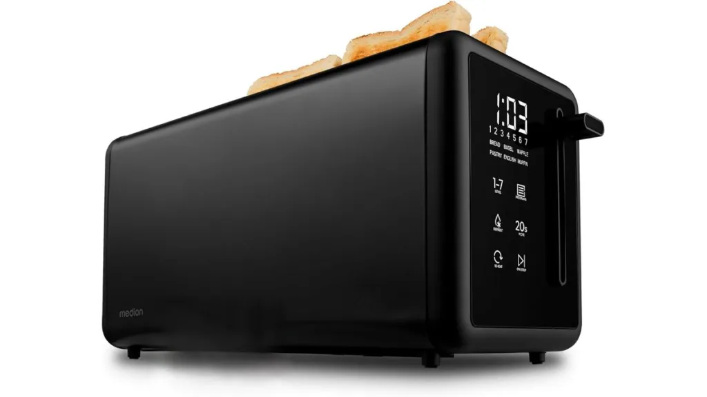 der schwarze 4 Scheiben Langschlitztoaster von Medion