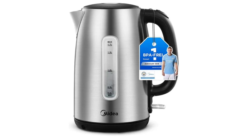 der 1,7 Liter Wasserkocher von Midea aus Edelstahl