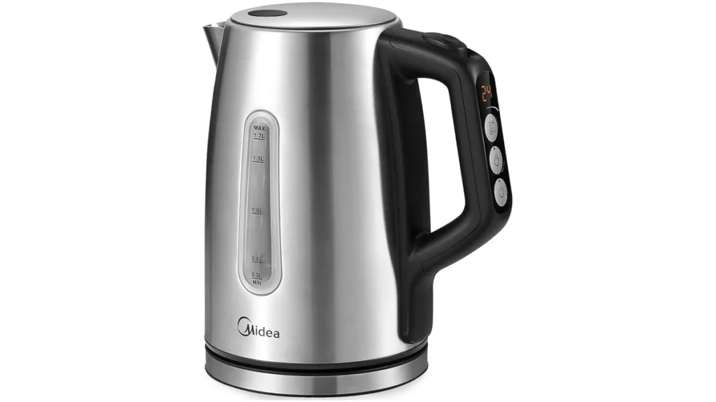 der Midea Edelstahl Wasserkocher mit Temperatureinstellung in Silber und Schwarz