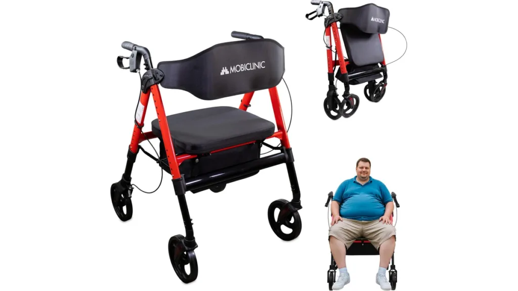 der rote Mobiclinic XXL Rollator, der bis 204 kg belastbar ist