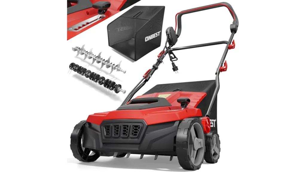 der ONBEST 2-in-1 Elektro-Vertikutierer mit 1800 Watt und mit 38 cm Arbeitsbreite