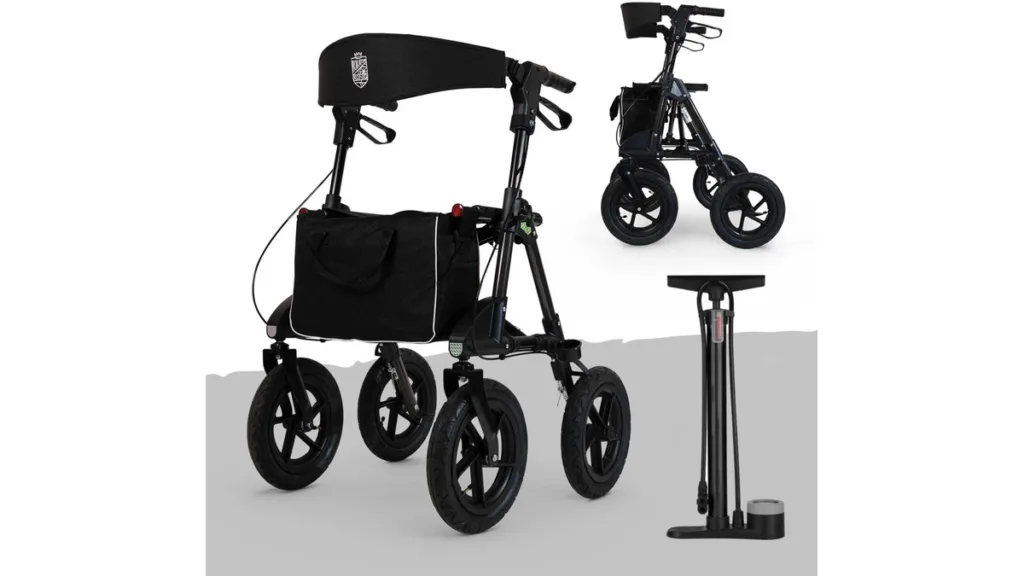 ein schwarzer Rollator mit Luftbereifung inkl. Luftpumpe in Titanschwarz für draußen, mit großen Rädern