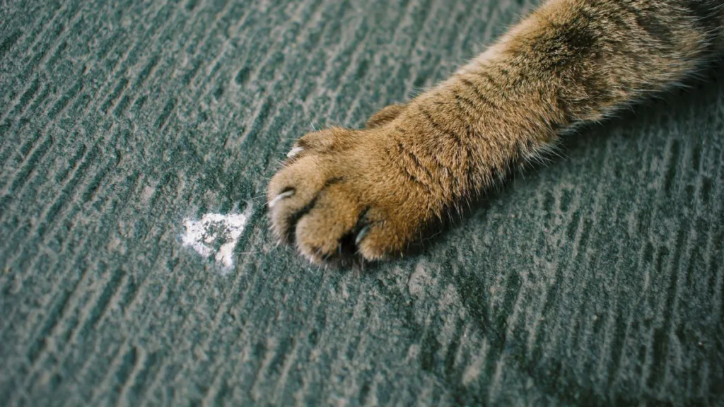 eine Katzenpfote zeig auf einen Fleck im Teppich