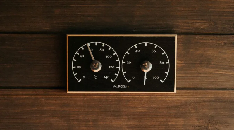 ein Meßinstrument für Temperatut und Feuchtigkeit an einer Holzwand