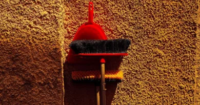 zwei Besen und eine Kehrschaufel lehnen an einer dunkelorangefarbenen Wand