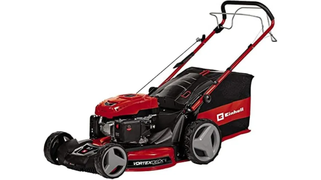 der Einhell-typische Benzin-Rasenmäher GC-PM 56/2 S HW in Rot mit 56 cm Schnittbreite