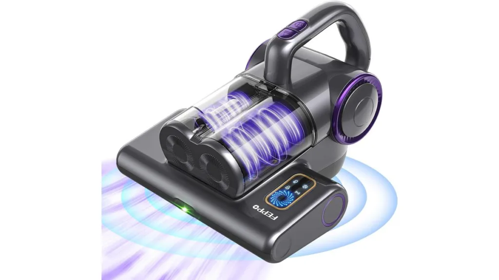 der schwarze FEPPO Milbensauger mit intensiver Klopffunktion