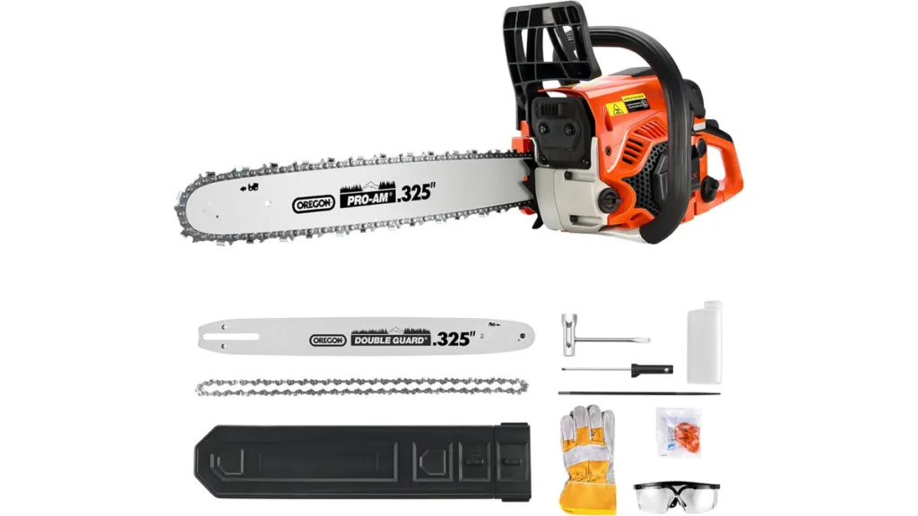 die rote NovorikX Benzin Kettensäge mit Zubehör