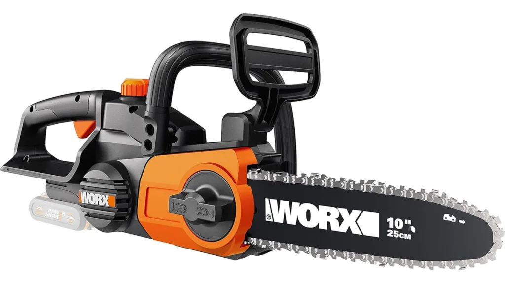 die WORX WG322E.9 Akku-Kettensäge in Schawrz/Orange