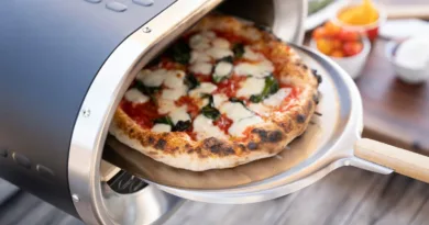 eine Pizza wird mit einem Pizzaschieber in einen elektrischen Pizzaofen geschoben