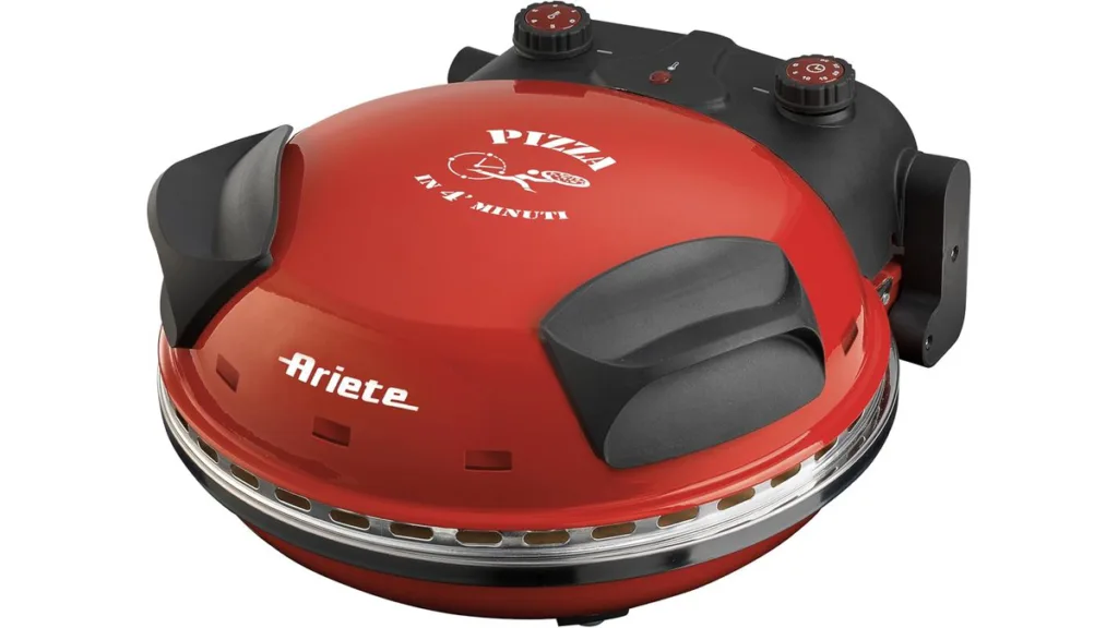 Roter, runder Ariete 909 elektrischer Pizzaofen in kompakter Bauform mit zwei Drehreglern